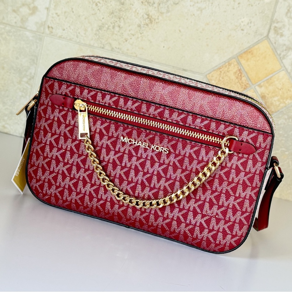 Michael Kors Jet Set Item Chain Zip Crossbody Bag Color-Block MK Cherry Multi - Picture 2 of 14